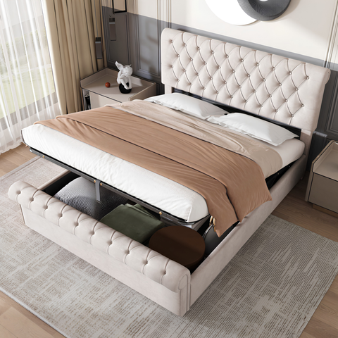 Premium 4FT6 Double Velvet Bed Frame with Storage & Slatted Support