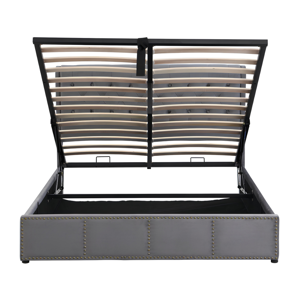 5FT King Size Velvet Ottoman Bed Frame | Hydraulic Storage, Upholstered Headboard & Wooden Slat Support