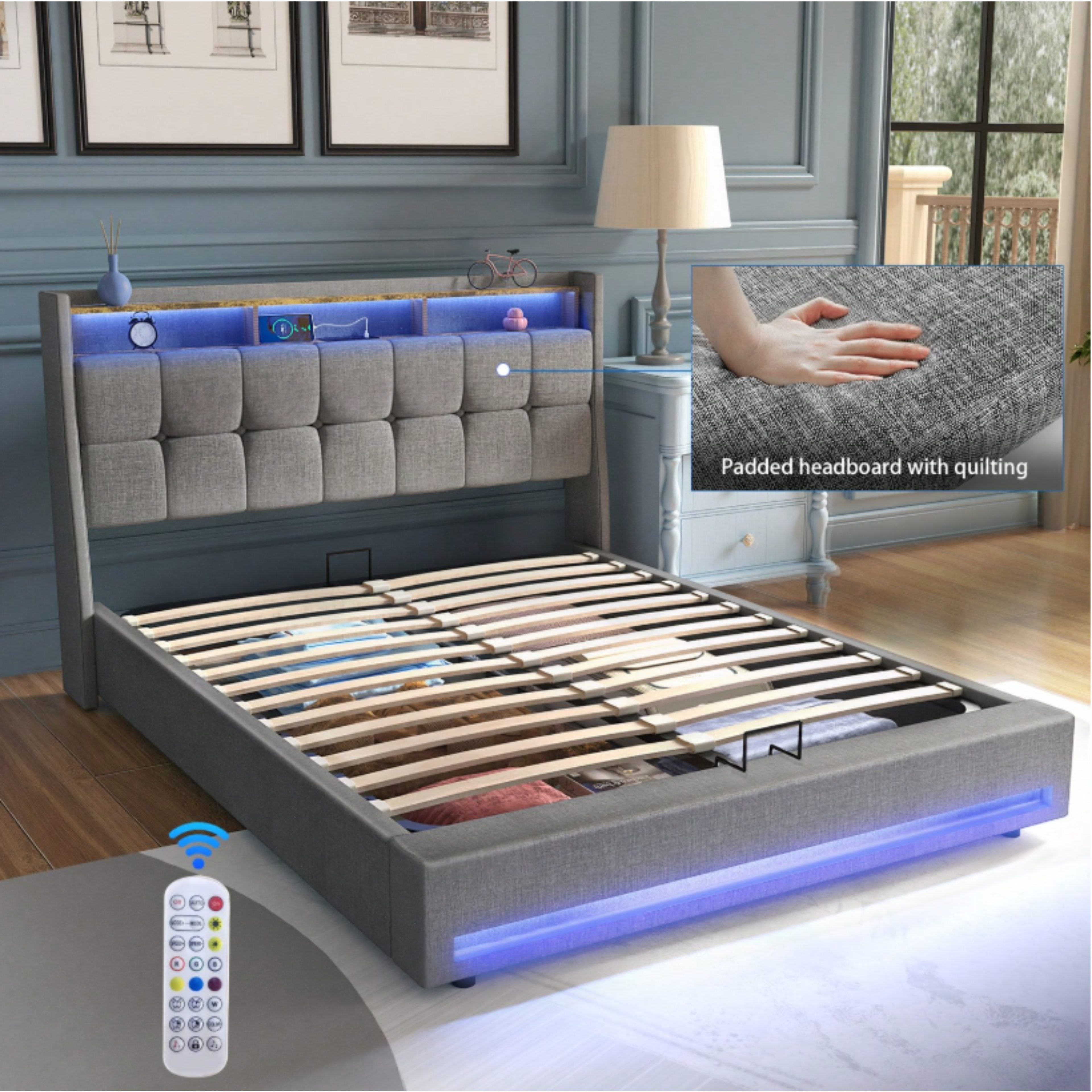 4FT6 Double Ottoman Bed Frame with USB Charging Port, LED Light & Storage Drawers