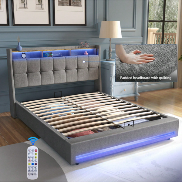 4FT6 Double Ottoman Bed Frame with USB Charging Port, LED Light & Storage Drawers