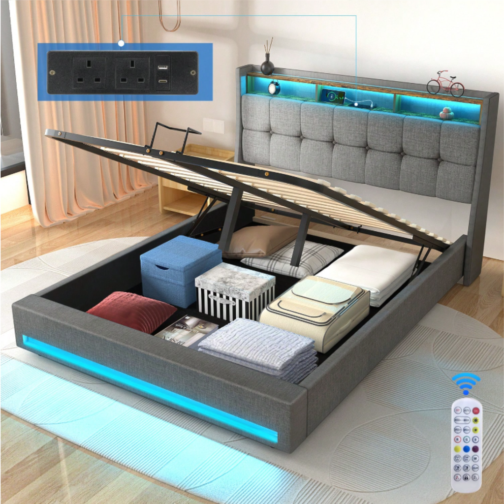 4FT6 Double Ottoman Bed Frame with USB Charging Port, LED Light & Storage Drawers