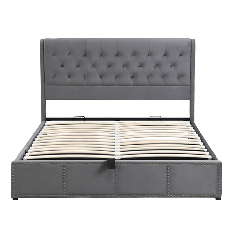 5FT King Size Velvet Ottoman Bed Frame | Hydraulic Storage, Upholstered Headboard & Wooden Slat Support