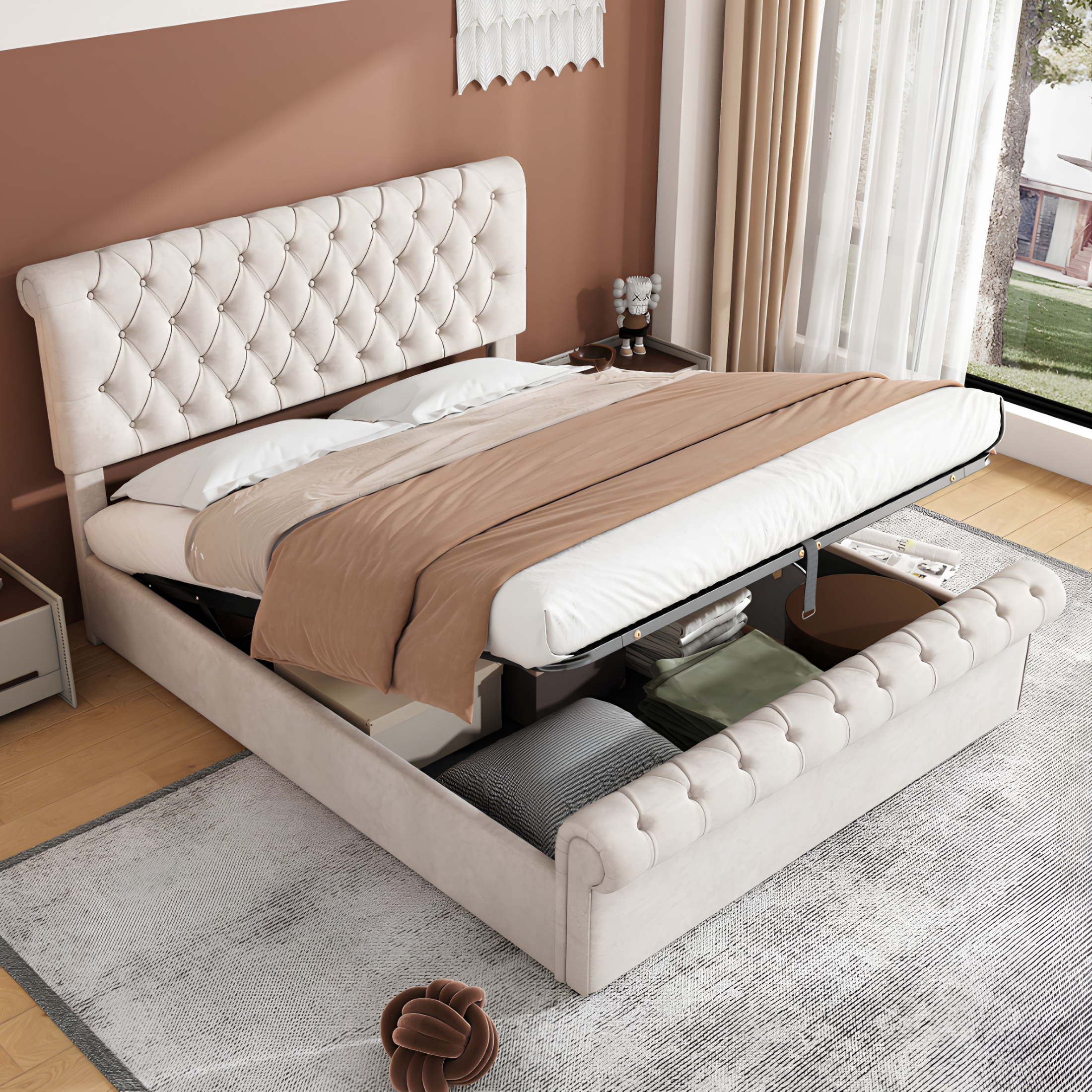 Premium 4FT6 Double Velvet Bed Frame with Storage & Slatted Support