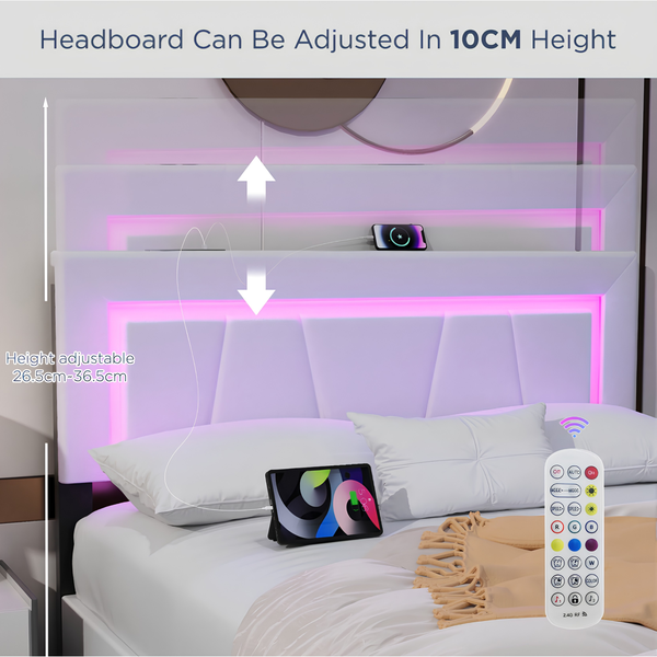 Modern 4FT6 Double Bed Frame with 4 Storage Drawers, Adjustable Headboard & LED Lights