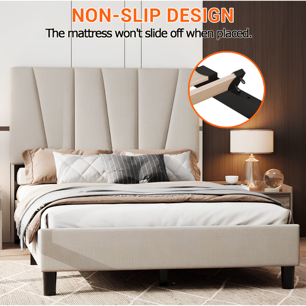 Premium Full Size Upholstered Platform Bed with Adjustable Headboard & Wooden Slat Support