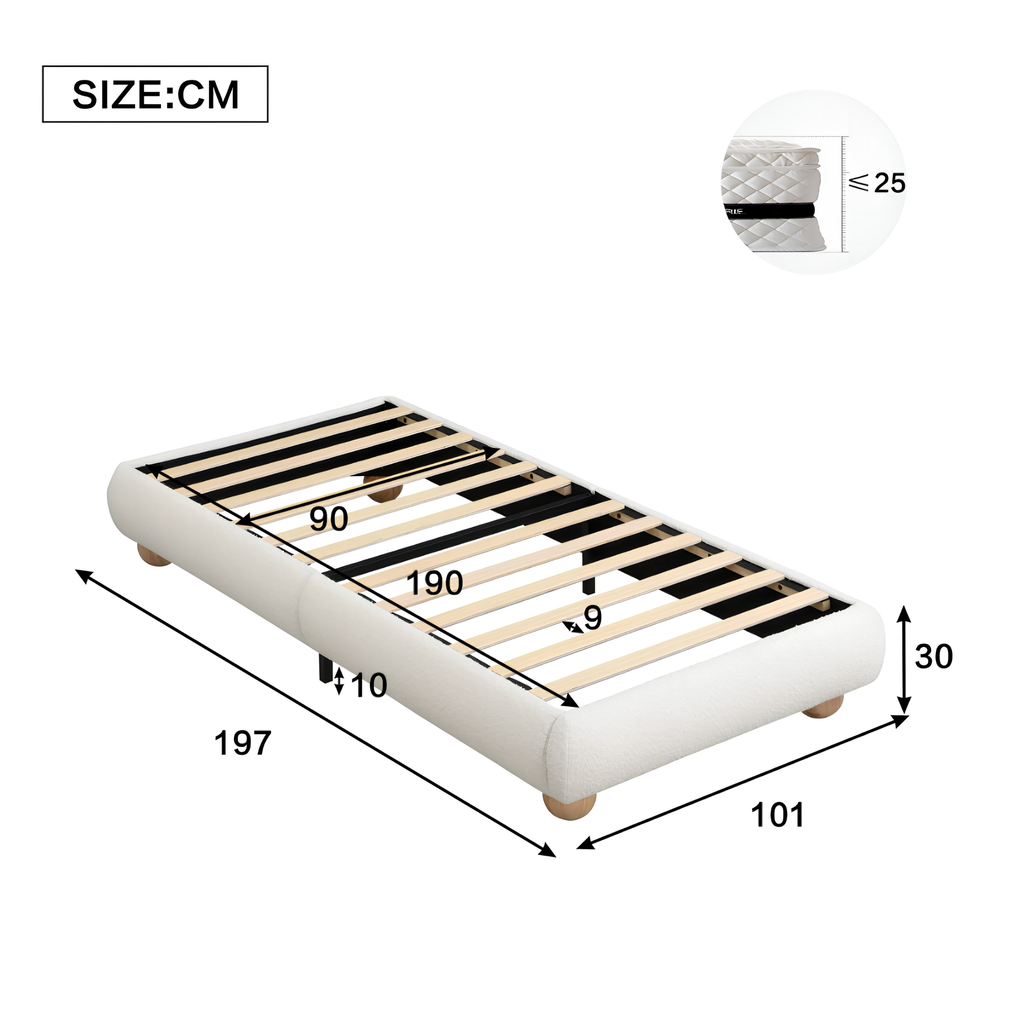3FT Single Bouclé Upholstered Platform Bed Frame with Wooden Slat Support