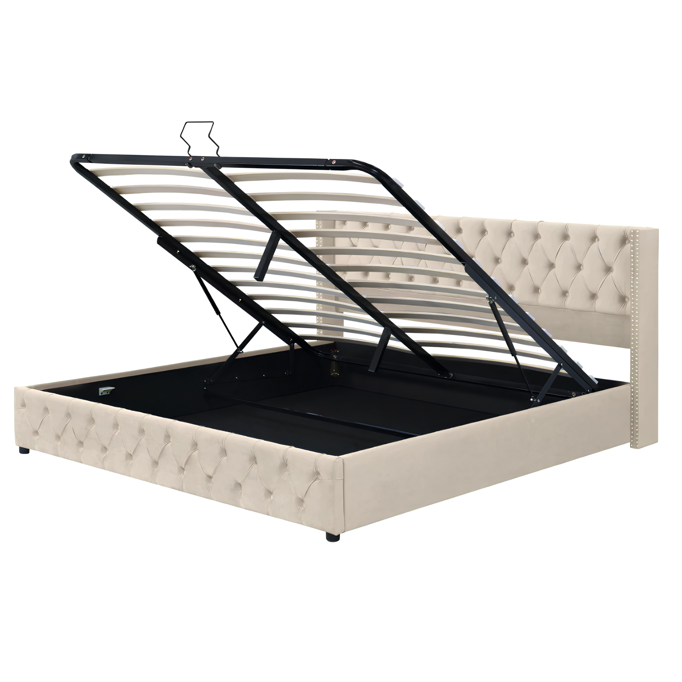 King Size Velvet Ottoman Storage Bed Frame with Hydraulic Lift | Beige