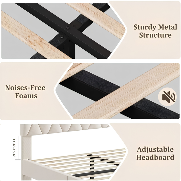 Noise-Free Upholstered Platform Bed with Solid Wood Slats & Headboard