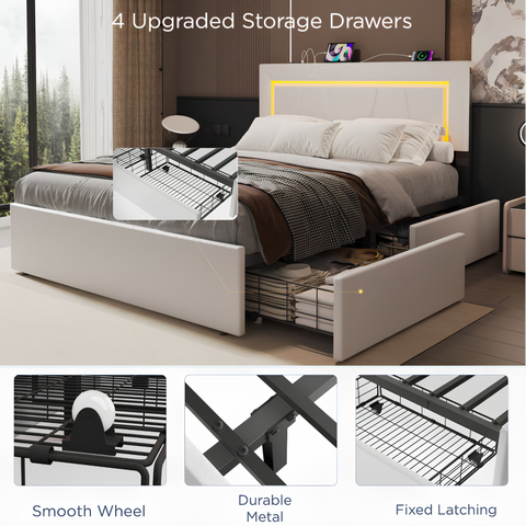 Modern 4FT6 Double Bed Frame with LED Lights, 4 Storage Drawers & Wooden Slats