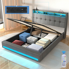 4FT6 Double Ottoman Bed Frame with USB Charging Port, LED Light & Storage Drawers