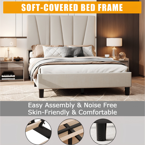 Modern Full Size Linen Bed Frame with Adjustable Wave Headboard