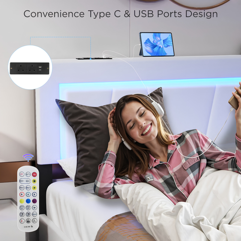 Modern 4FT6 Double Bed Frame with 4 Storage Drawers, Adjustable Headboard & LED Lights