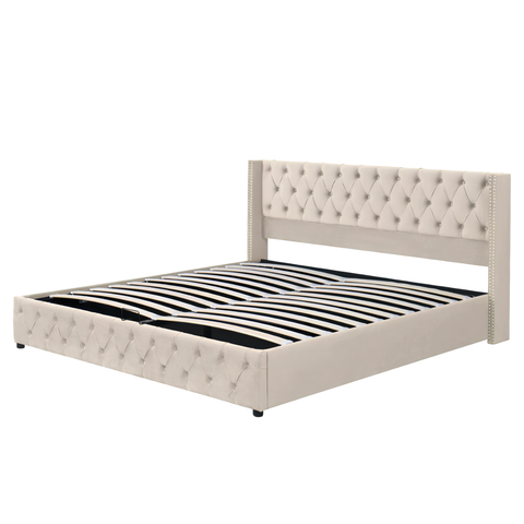 King Size Velvet Ottoman Storage Bed Frame with Hydraulic Lift | Beige
