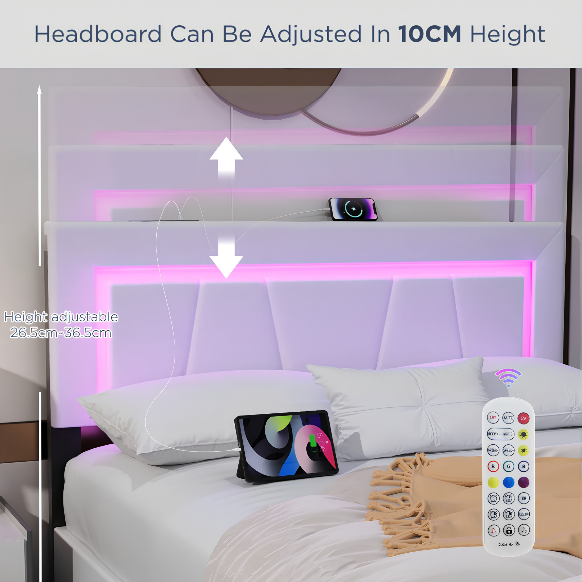 Modern 4FT6 Double Bed Frame with LED Lights, 4 Storage Drawers & Wooden Slats
