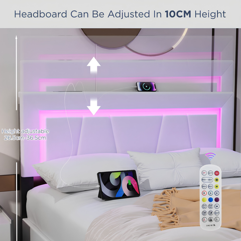 Modern 4FT6 Double Bed Frame with LED Lights, 4 Storage Drawers & Wooden Slats