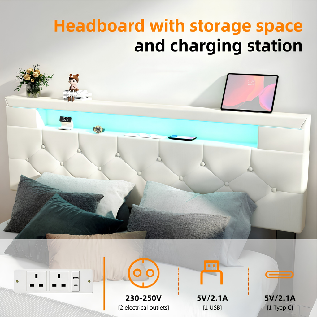 Premium Double Upholstered Storage Bed with LED Headboard, USB Charging & 4 Drawers