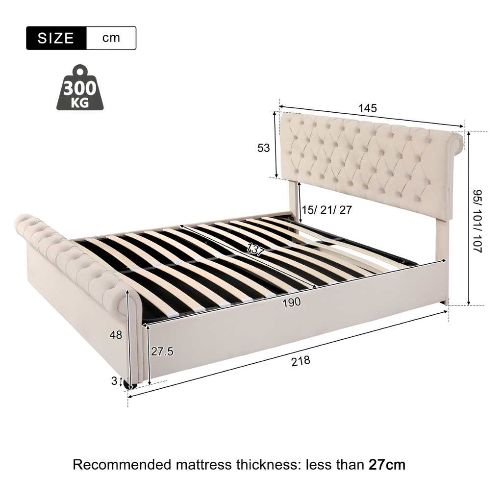 Premium 4FT6 Double Velvet Bed Frame with Storage & Slatted Support