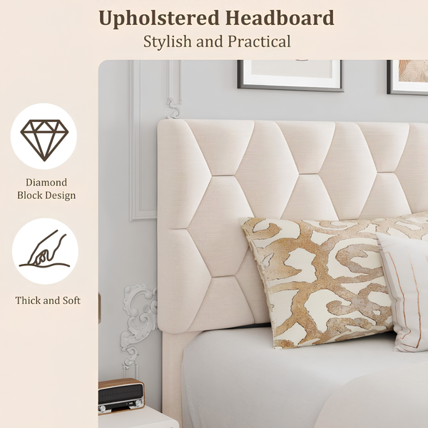 Premium Full Size Upholstered Platform Bed with Adjustable Headboard & Wooden Slat Support