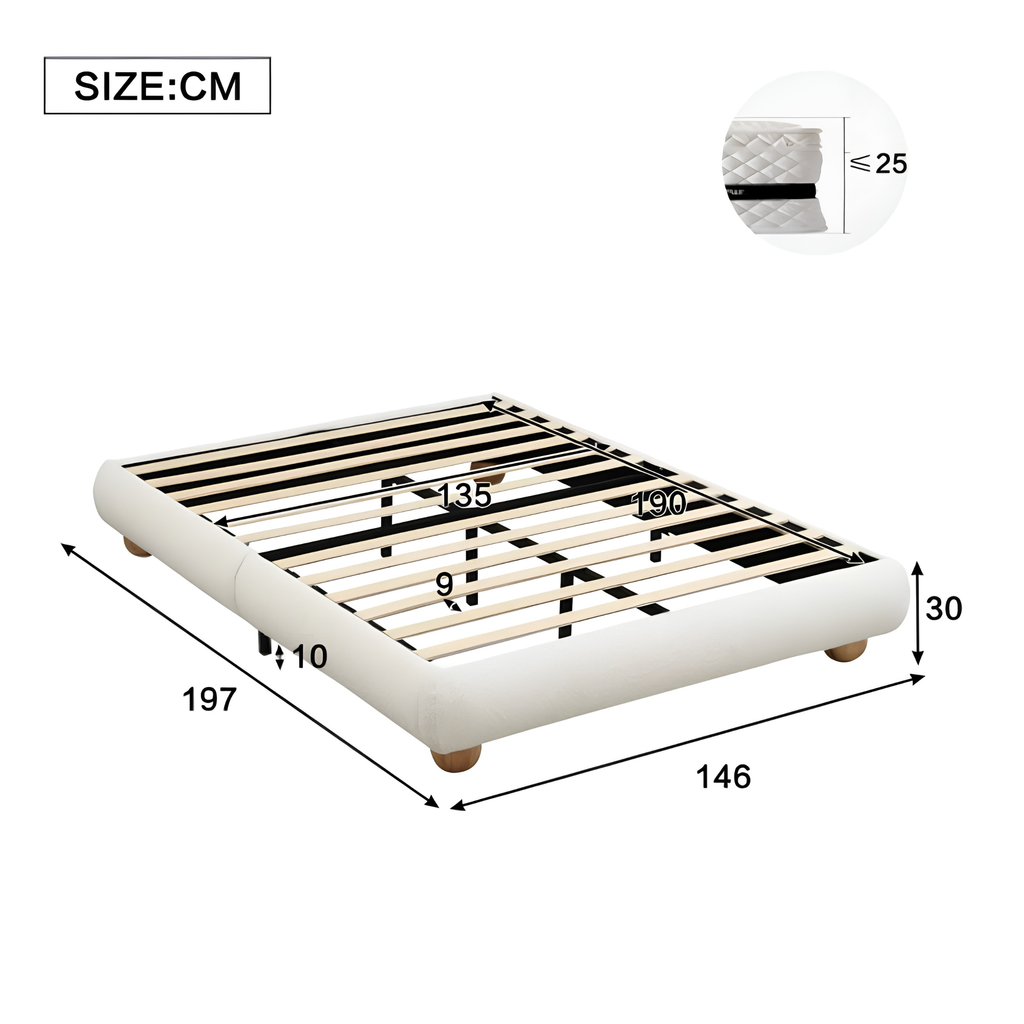 3FT Single Bouclé Upholstered Platform Bed Frame with Wooden Slat Support