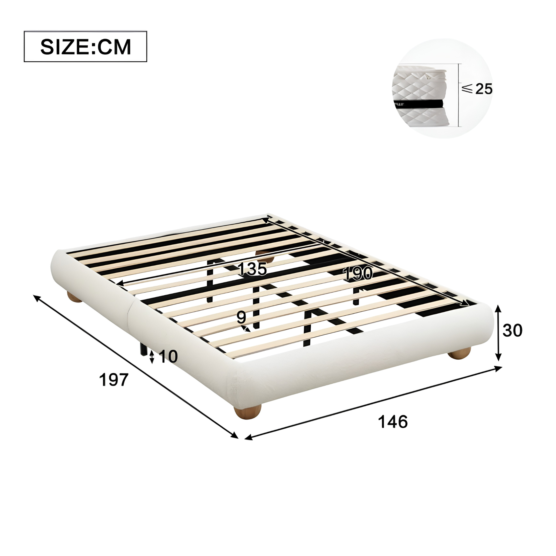 3FT Single Bouclé Upholstered Platform Bed Frame with Wooden Slat Support