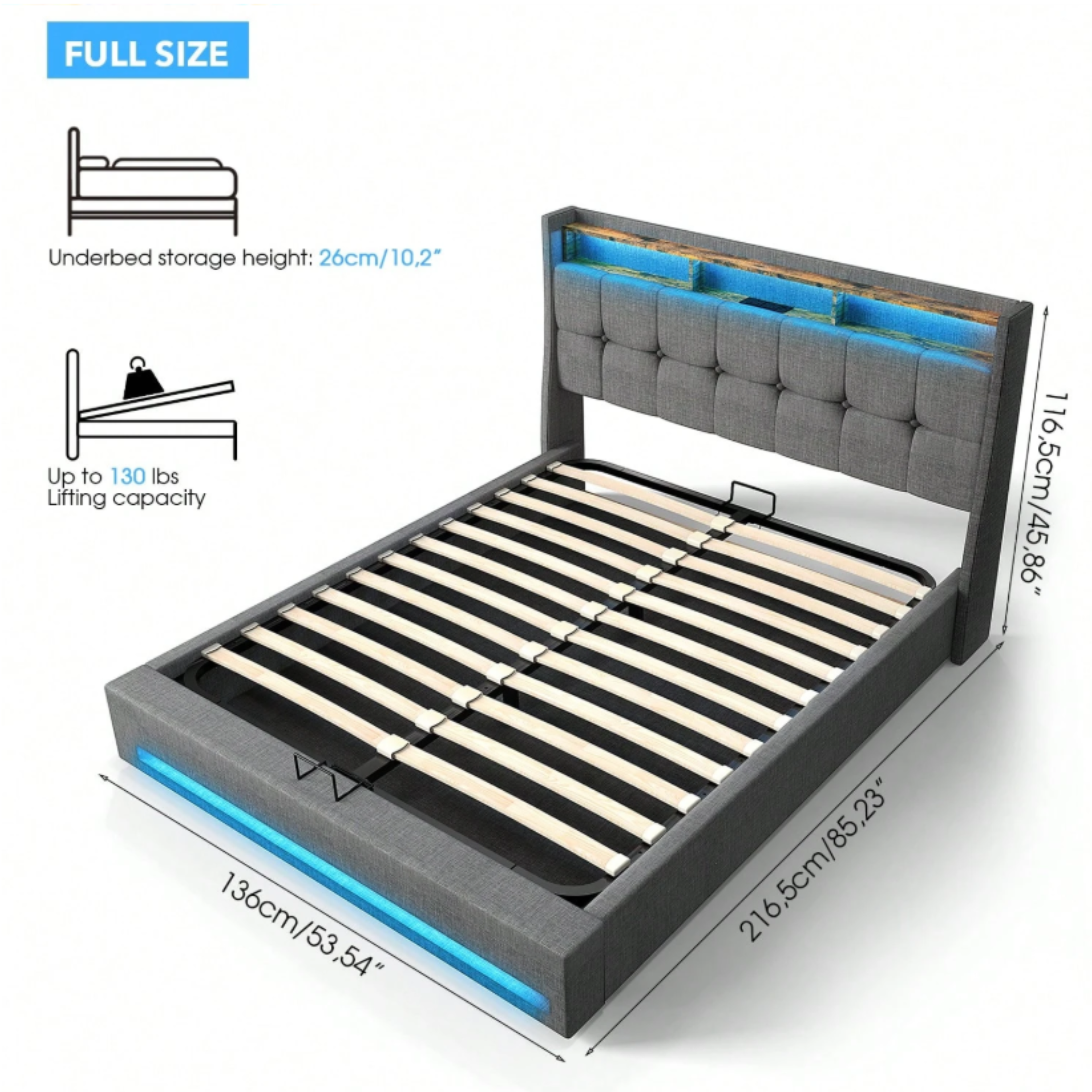 4FT6 Double Ottoman Bed Frame with USB Charging Port, LED Light & Storage Drawers