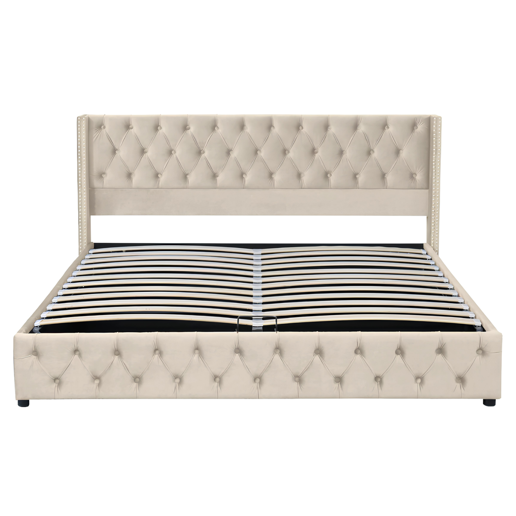 King Size Velvet Ottoman Storage Bed Frame with Hydraulic Lift | Beige