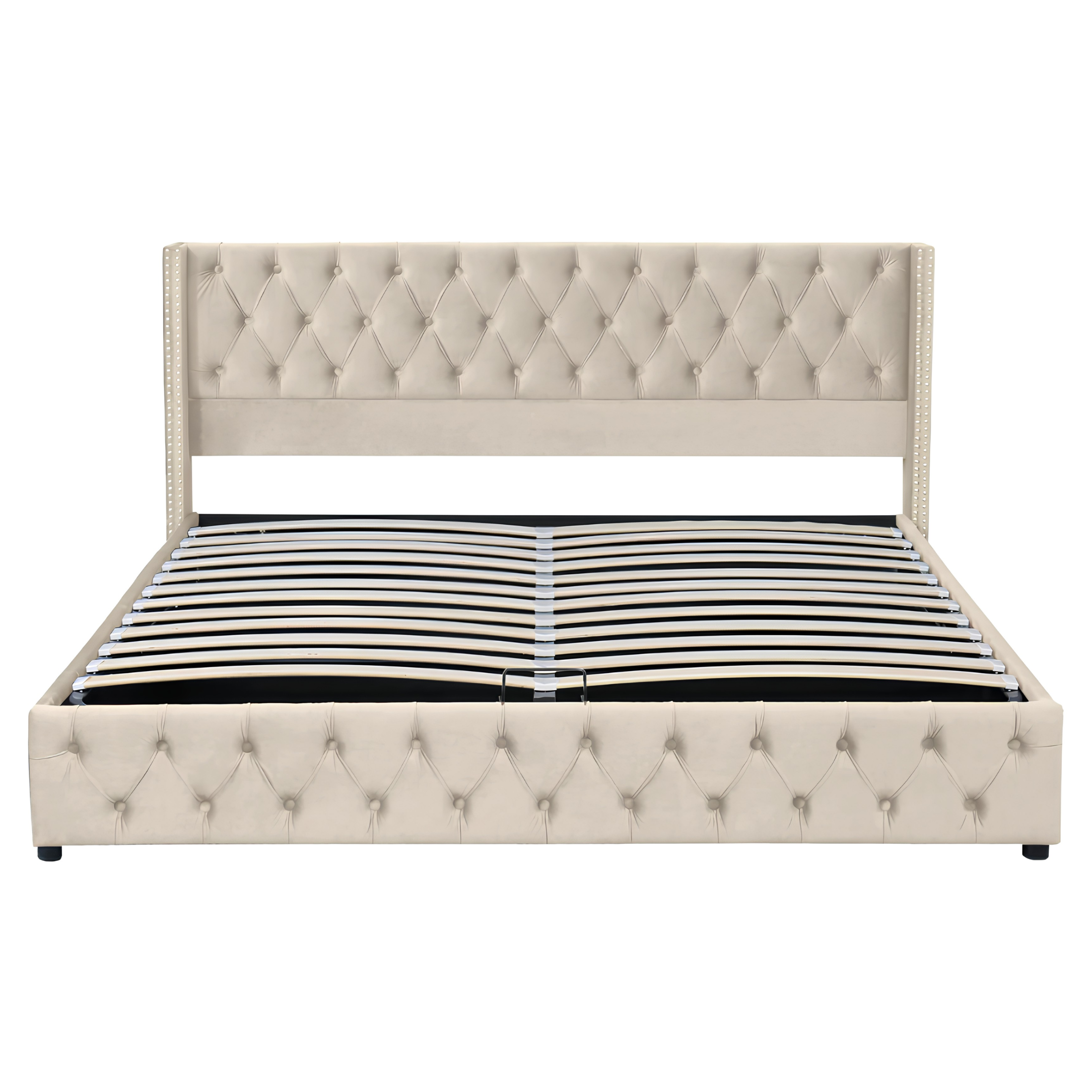 King Size Velvet Ottoman Storage Bed Frame with Hydraulic Lift | Beige