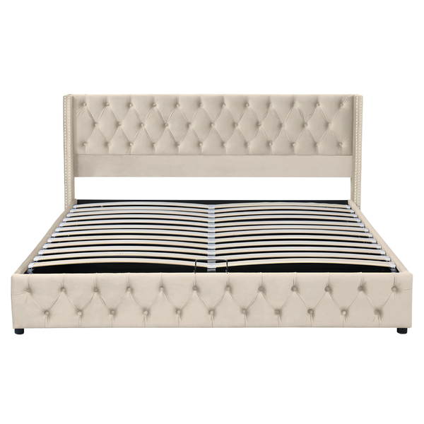 King Size Velvet Ottoman Storage Bed Frame with Hydraulic Lift | Beige