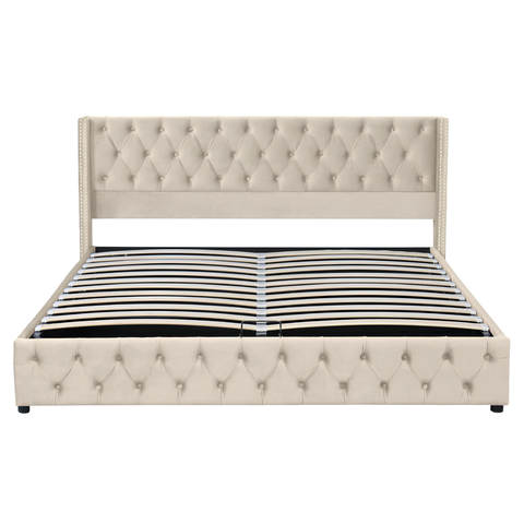 King Size Velvet Ottoman Storage Bed Frame with Hydraulic Lift | Beige
