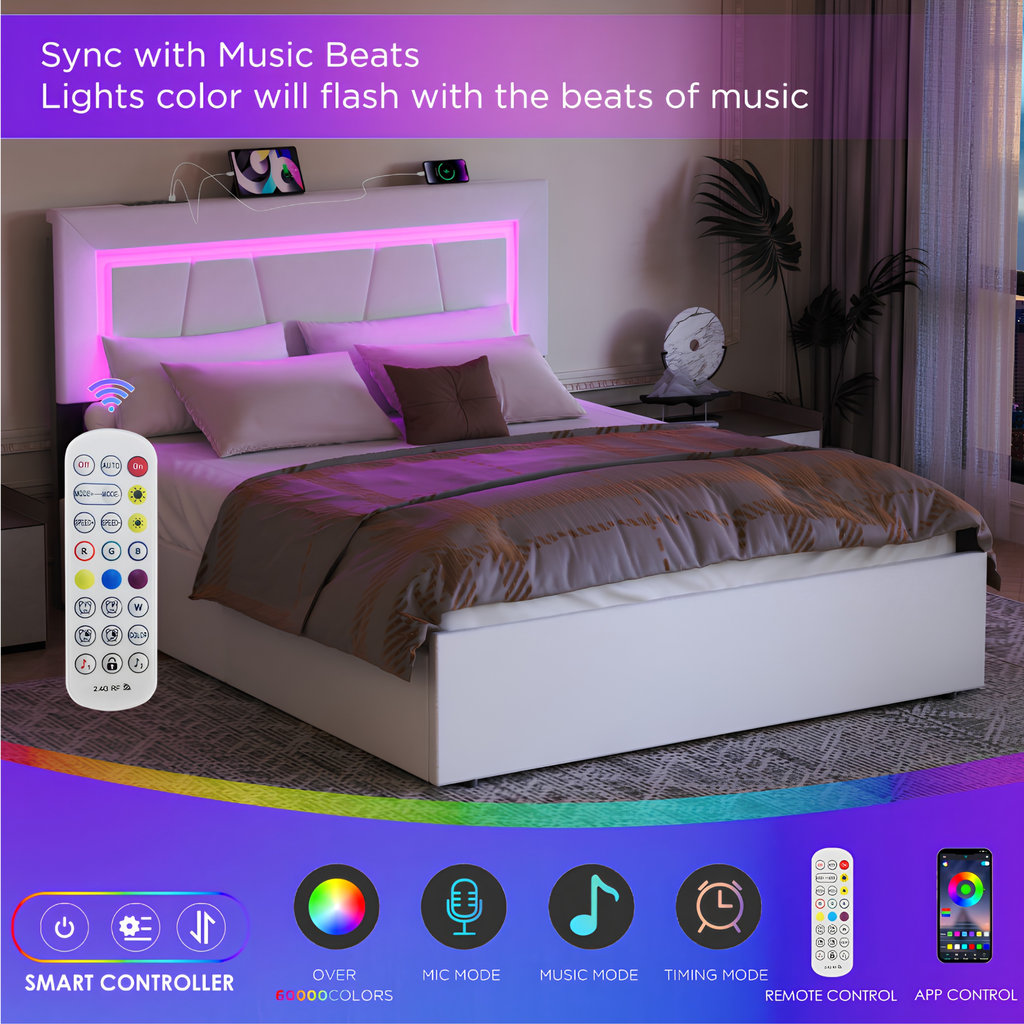 Modern 4FT6 Double Bed Frame with 4 Storage Drawers, Adjustable Headboard & LED Lights