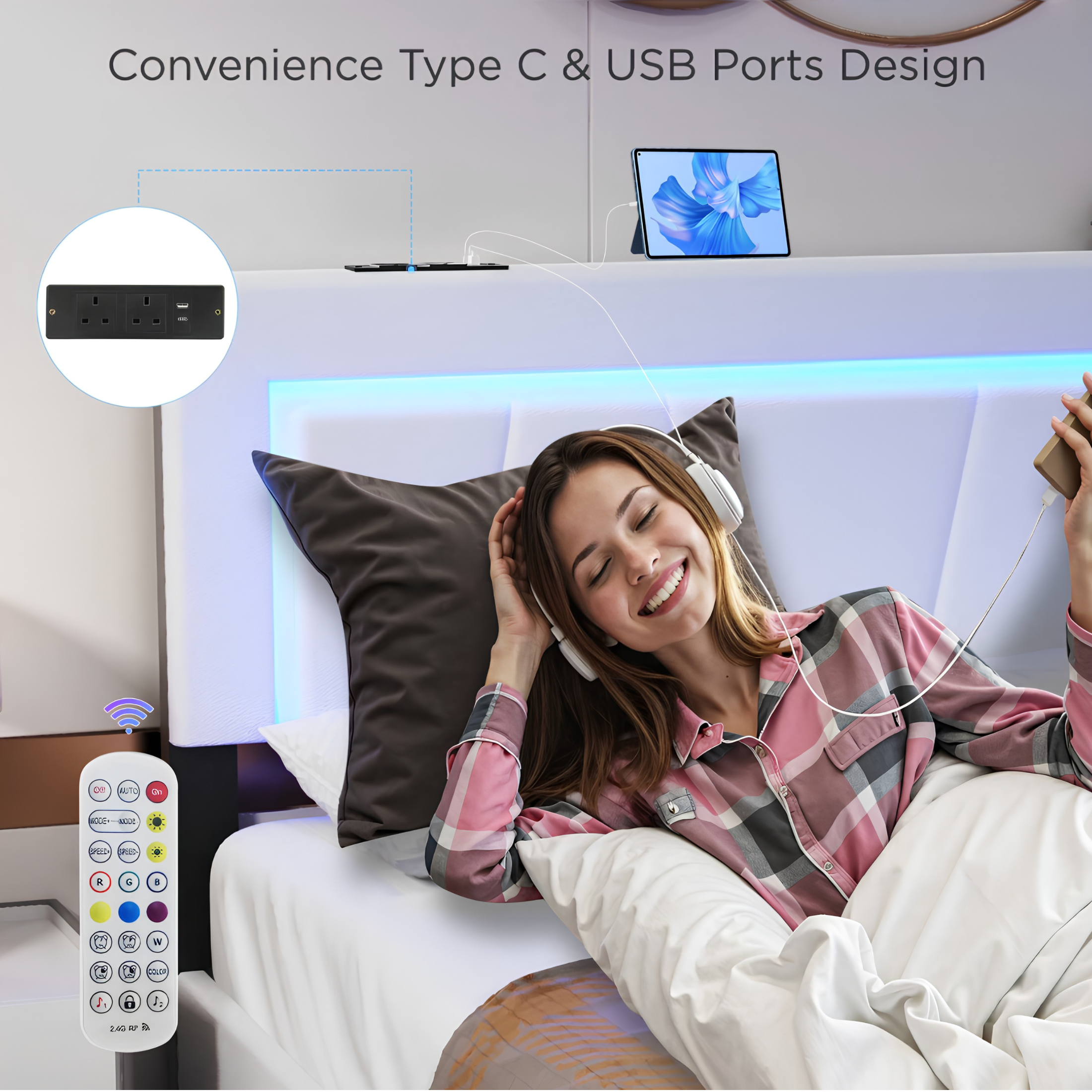Modern 4FT6 Double Bed Frame with LED Lights, 4 Storage Drawers & Wooden Slats