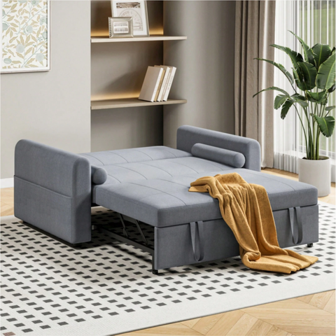 Multi-Function 2 Seater Sofa Bed with Pull-Out Bed, Side Storage Pockets & Adjustable Backrest