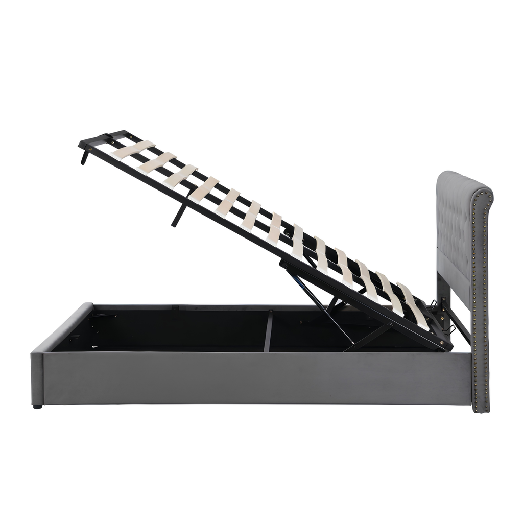 5FT King Size Velvet Ottoman Bed Frame | Hydraulic Storage, Upholstered Headboard & Wooden Slat Support