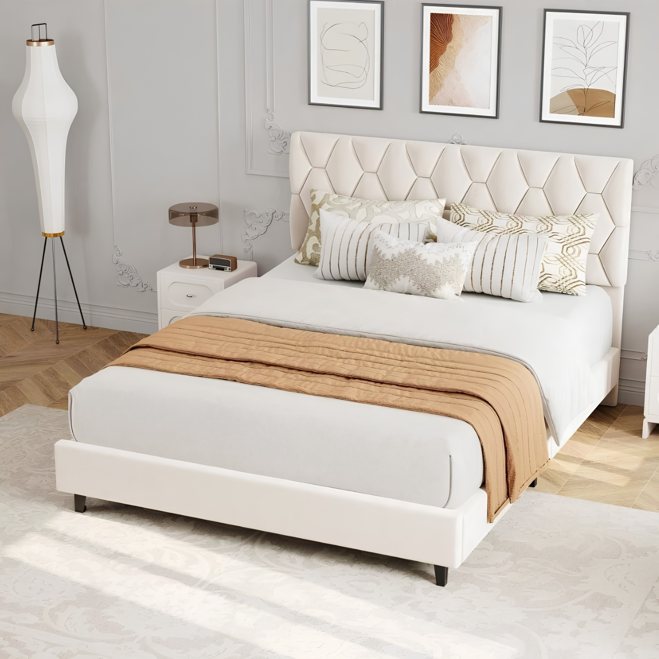 Premium Full Size Upholstered Platform Bed with Adjustable Headboard & Wooden Slat Support