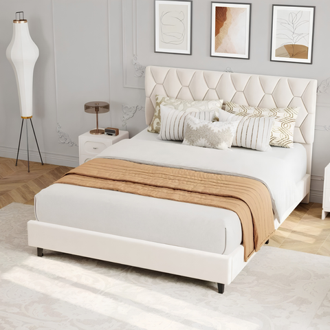 Premium Full Size Upholstered Platform Bed with Adjustable Headboard & Wooden Slat Support