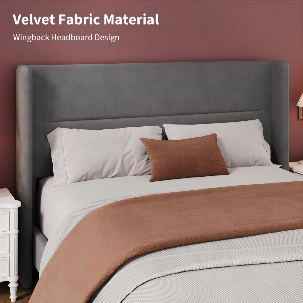 Luxury Full Size Velvet Bed Frame with Wingback Headboard | No Box Spring Required
