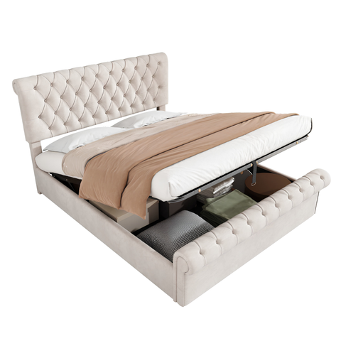 Premium 4FT6 Double Velvet Bed Frame with Storage & Slatted Support