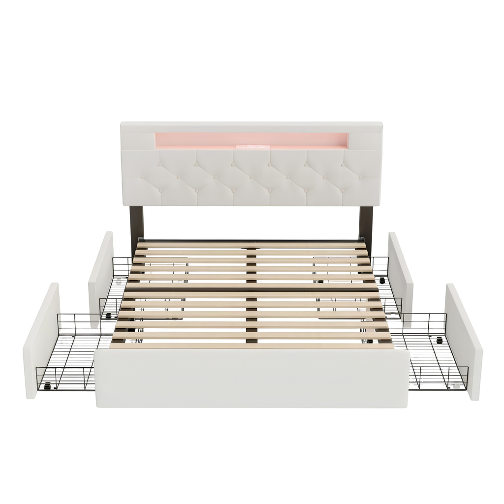 Premium Double Upholstered Storage Bed with LED Headboard, USB Charging & 4 Drawers