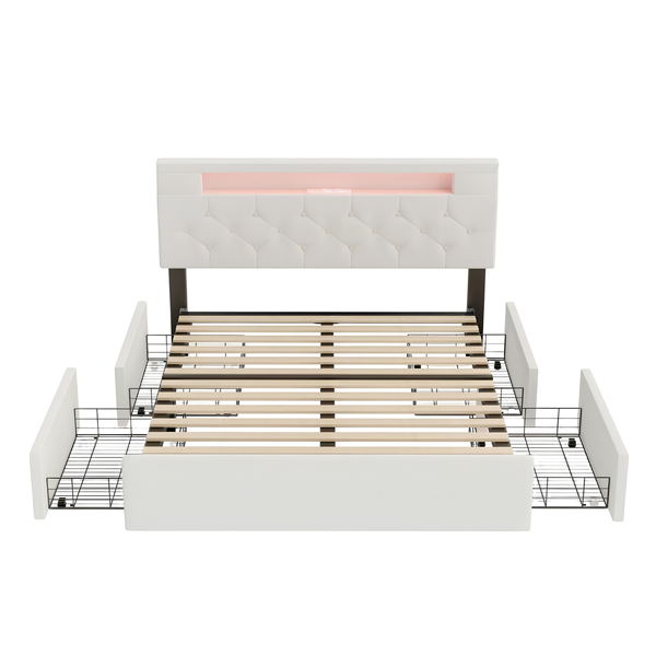 Premium Double Upholstered Storage Bed with LED Headboard, USB Charging & 4 Drawers