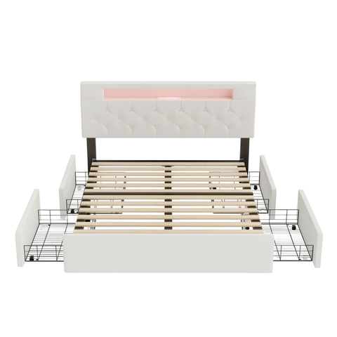 Premium Double Upholstered Storage Bed with LED Headboard, USB Charging & 4 Drawers