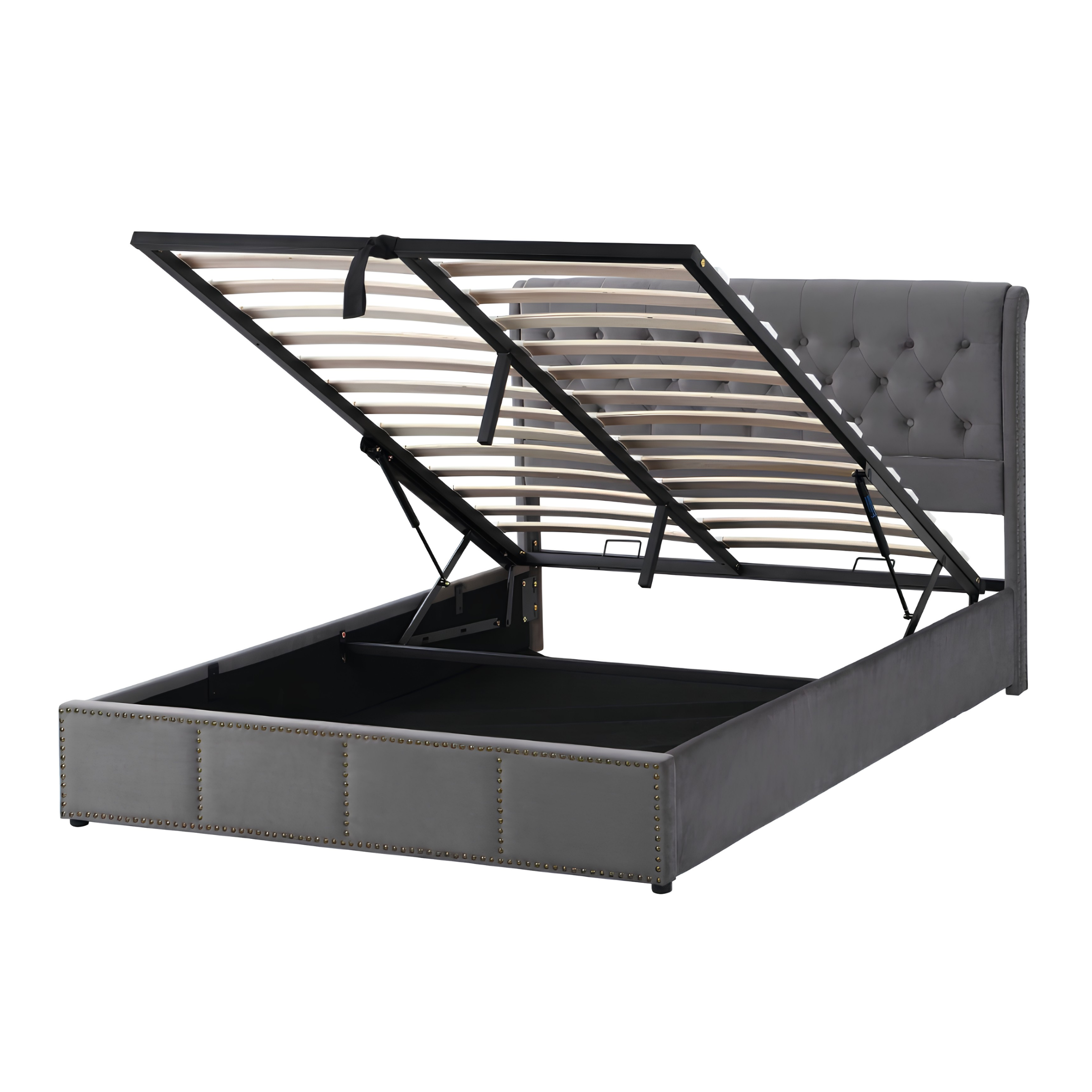 5FT King Size Velvet Ottoman Bed Frame | Hydraulic Storage, Upholstered Headboard & Wooden Slat Support
