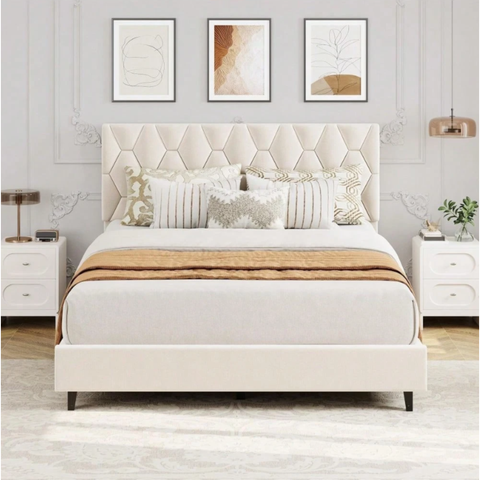 Premium Full Size Upholstered Platform Bed with Adjustable Headboard & Wooden Slat Support