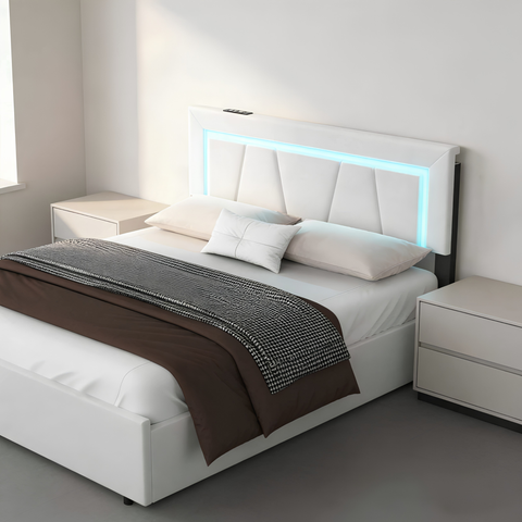 Modern 4FT6 Double Bed Frame with LED Lights, 4 Storage Drawers & Wooden Slats