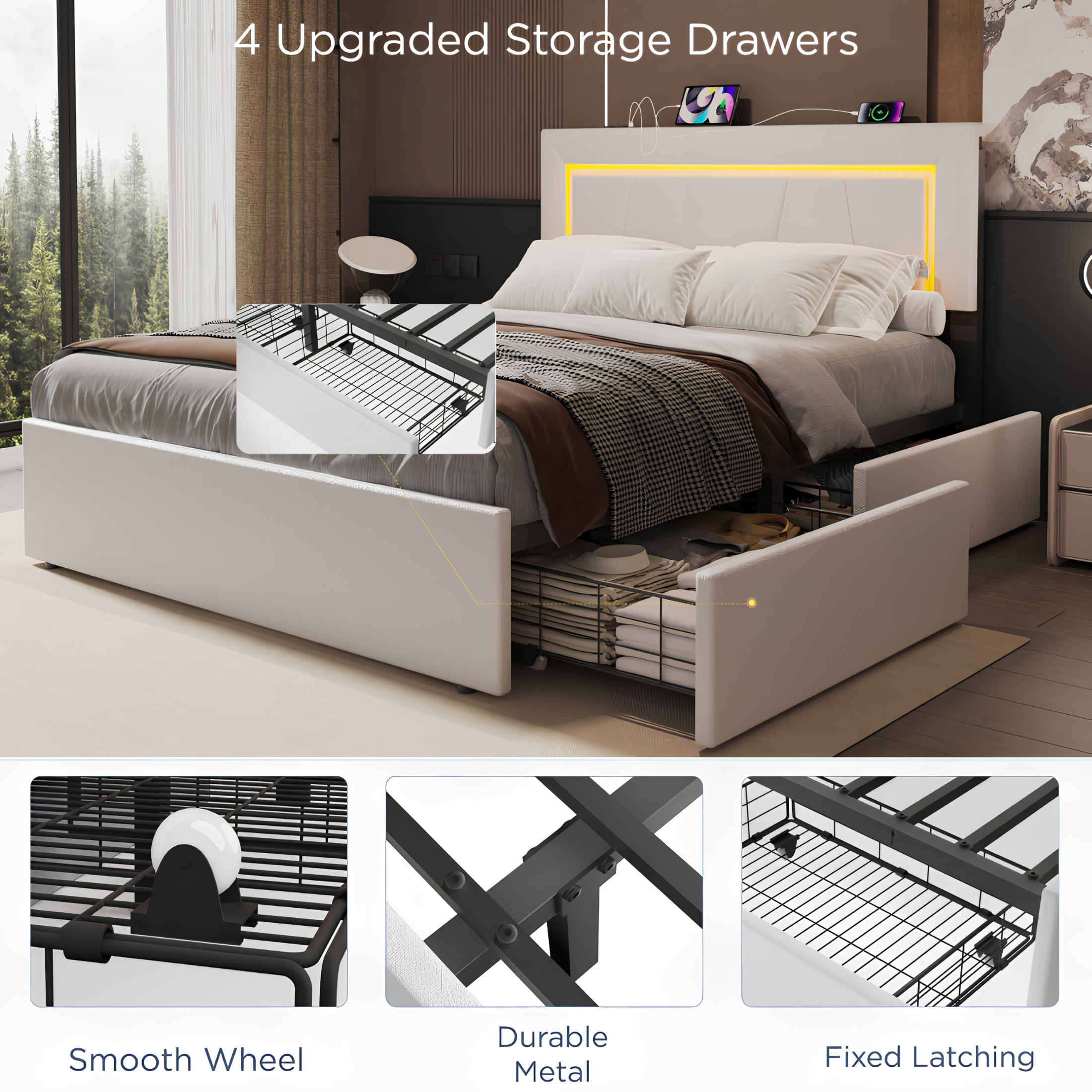Modern 4FT6 Double Bed Frame with 4 Storage Drawers, Adjustable Headboard & LED Lights