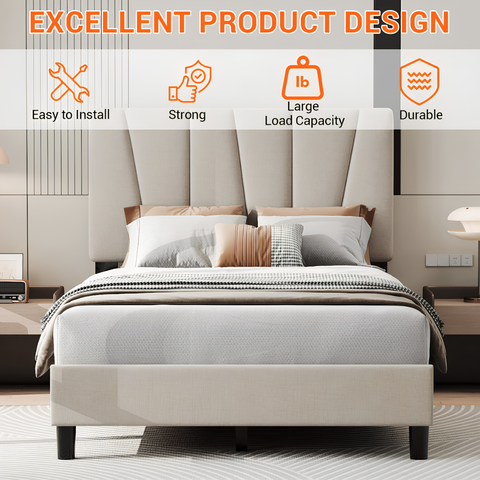 Modern Full Size Linen Bed Frame with Adjustable Wave Headboard