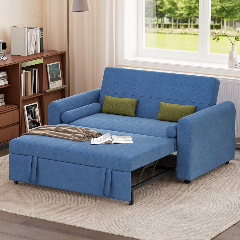 Multi-Function 2 Seater Sofa Bed with Pull-Out Bed, Side Storage Pockets & Adjustable Backrest