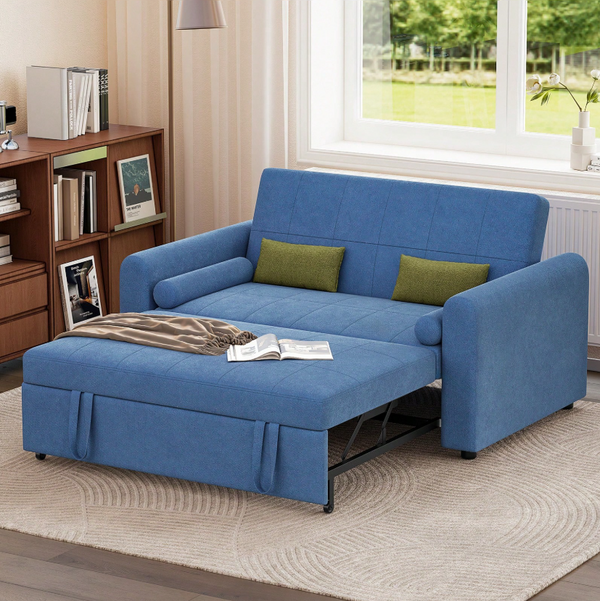 Multi-Function 2 Seater Sofa Bed with Pull-Out Bed, Side Storage Pockets & Adjustable Backrest