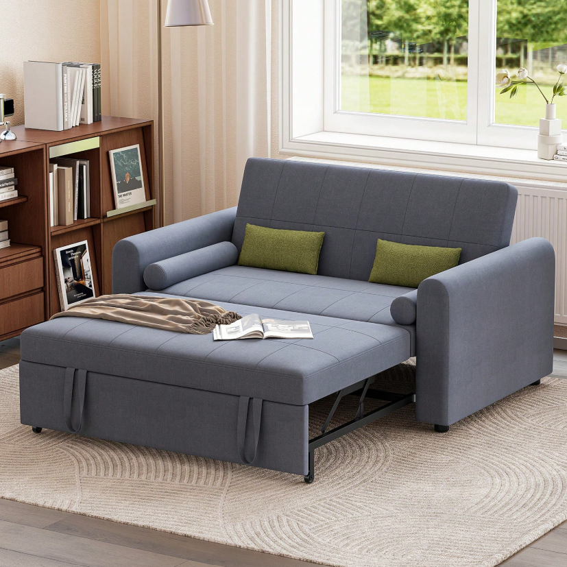 Multi-Function 2 Seater Sofa Bed with Pull-Out Bed, Side Storage Pockets & Adjustable Backrest