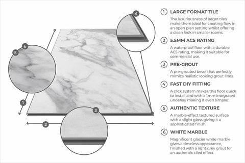 Audacity Rigid Core Pre-Grout Click Vinyl Flooring White Marble Tile