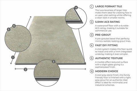 Audacity Rigid Core Pre-Grout Click Vinyl Flooring Stone Grey Tile